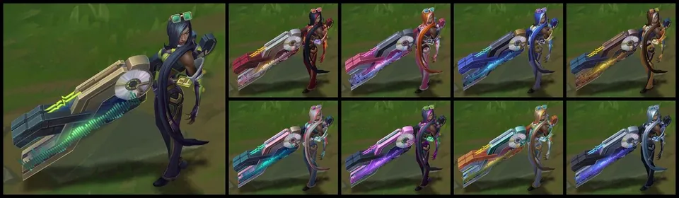True Damage Know My Name Senna in game with a huge cannon, next to the skin's chroma variants