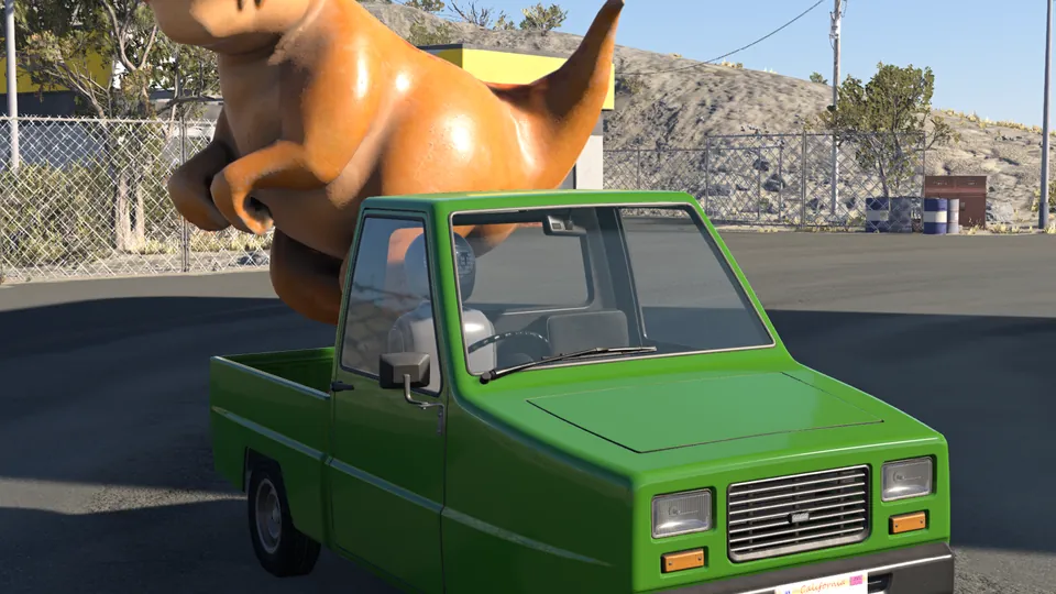 BeamNG.drive 0.40 screenshot: an orange dinosaur mascot statue rides in the bed of a small green pickup