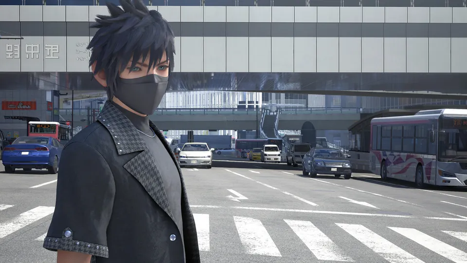 A young man in a black mask stands at a crosswalk in the city of Quadratum