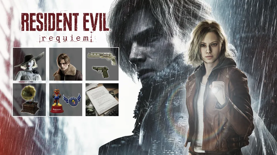 Resident Evil Requiem art of Leon and Grace in the rain beside icons of Deluxe Kit costumes, a revolver skin, a gramophone, charms and files