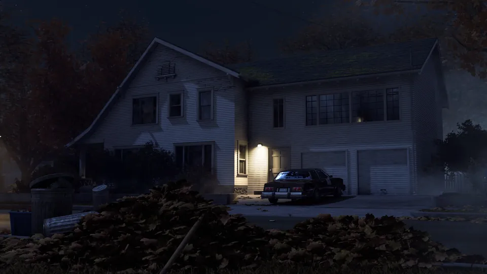 A two-story house with a lit garage and a car in the driveway on a dark autumn street in Halloween: The Game