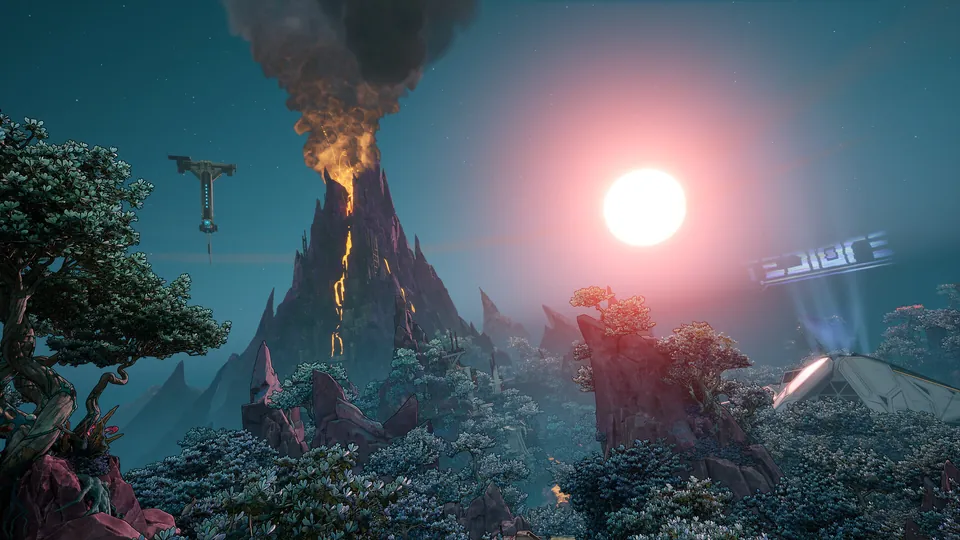 A jungle island with a smoking volcano under a red sun