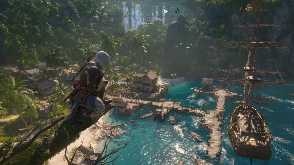 Edward Kenway crouches on a cliff above a Caribbean harbor in Assassin's Creed Black Flag Resynced