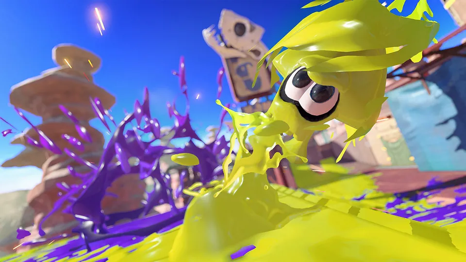 A yellow squid dives through a splash of ink between yellow and purple turf in Splatoon 3