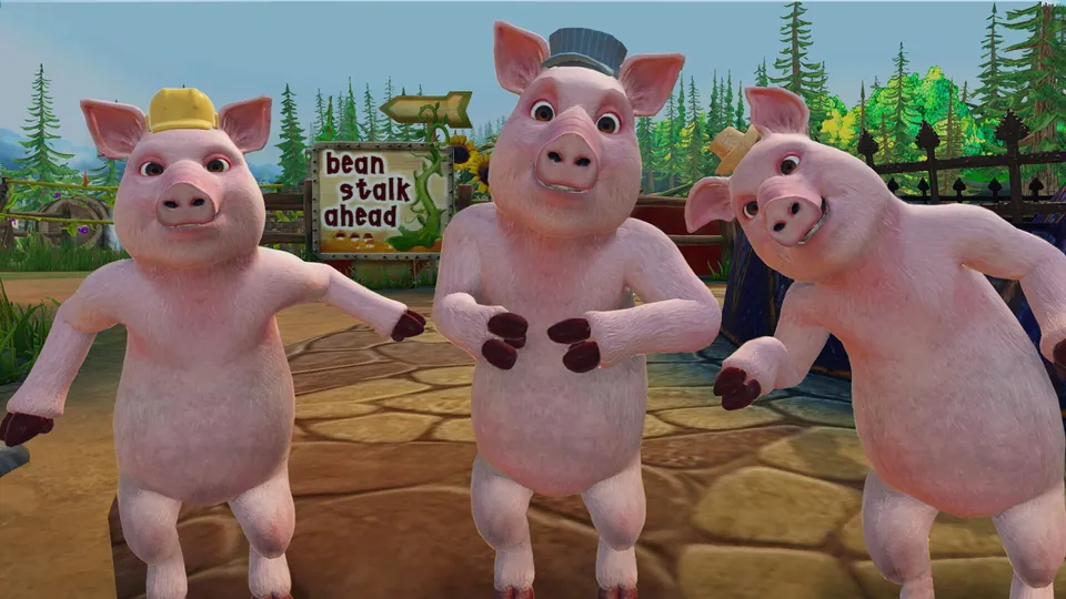 The Three Little Pigs stand side by side on a farm path next to a Beanstalk Ahead sign in Shrek 2 Remastered