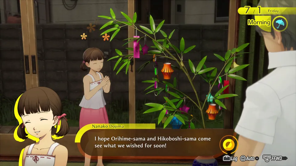 Nanako in a summer dress beside a Tanabata bamboo tree hung with wishes in Persona 4 Revival