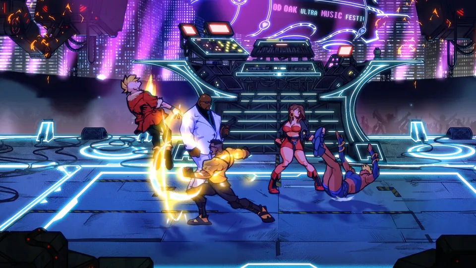 Fighters brawl on a neon concert stage under a giant DJ booth in Streets of Rage 4