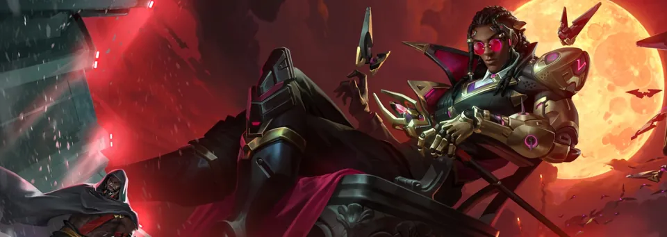 Doctrine in a long dark coat with red glasses and a golden scepter, bats flying past a blood-red moon in Overwatch