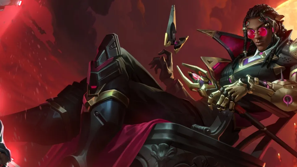 Doctrine in a long dark coat with red glasses and a golden scepter, bats flying past a blood-red moon in Overwatch