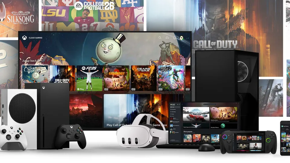 Xbox consoles, a TV, a laptop, a VR headset, a handheld and a phone showing Game Pass in front of game covers