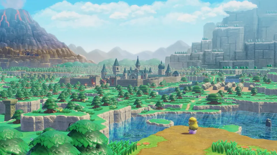 A green valley leads toward a castle under a blue sky in The Legend of Zelda: Echoes of Wisdom