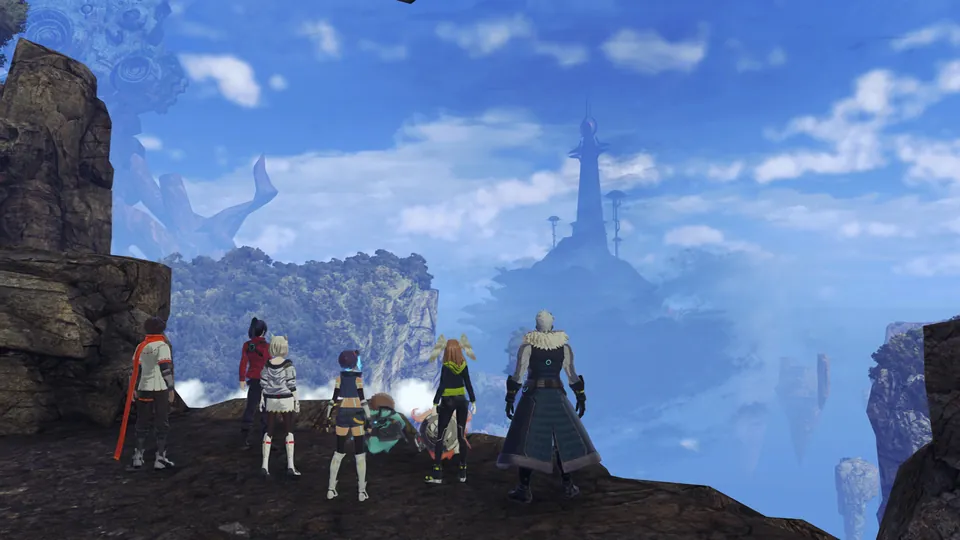 The party stands on a cliff edge looking out at a tall spire rising above floating islands in Xenoblade Chronicles 3