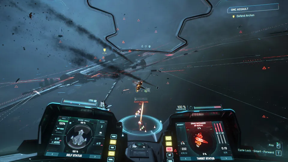 A cockpit view of a dogfight near a damaged capital ship, with target displays lit up, in Squadron 42