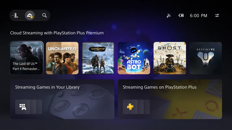 The PlayStation Portal cloud streaming menu with PS5 games from PS Plus Premium