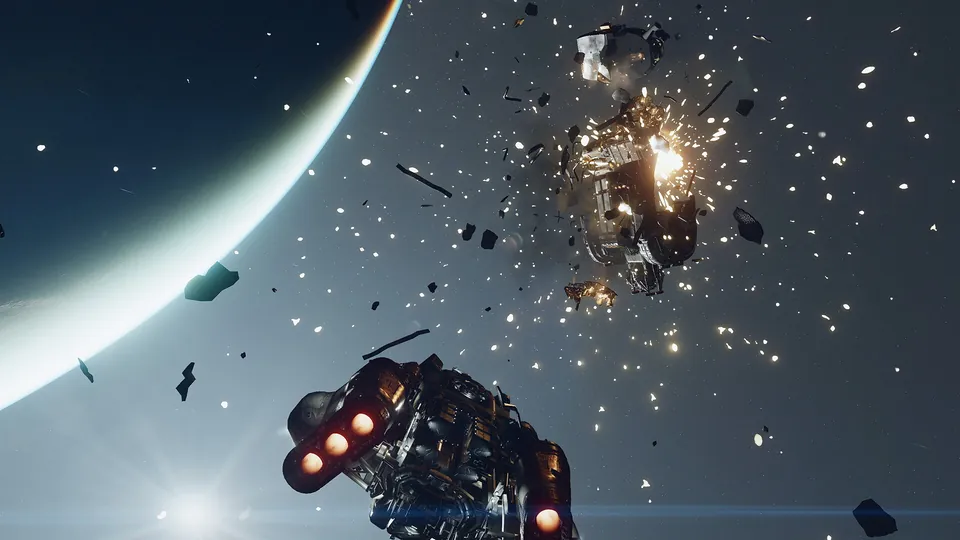 A starship fires on an exploding enemy ship above a pale planet in Starfield.