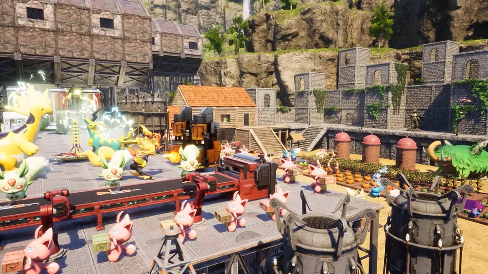 Dozens of Pals work at machines and fields inside a large walled base in Palworld