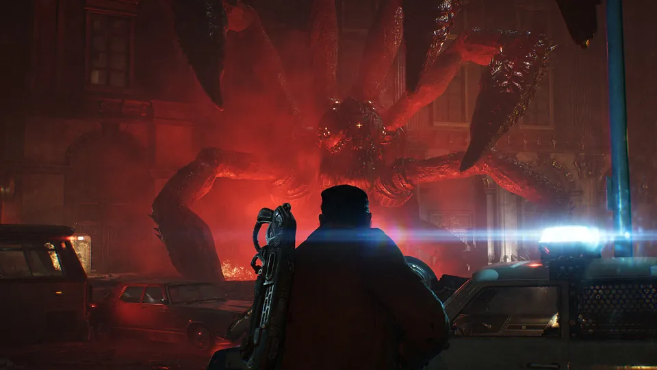 A soldier faces a giant creature lit in red in Gears of War: E-Day
