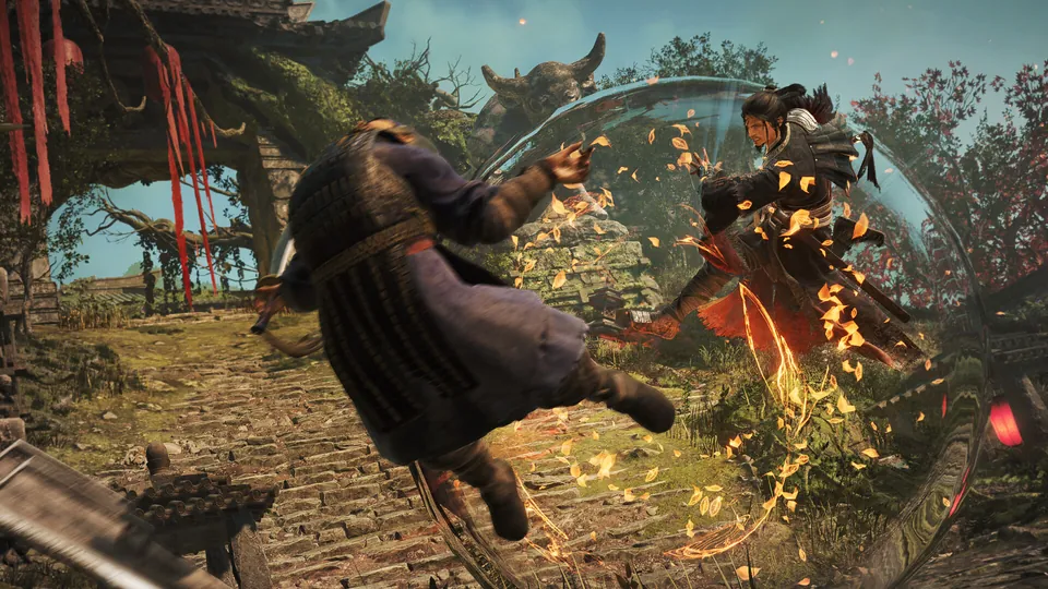 A warrior deflects an attack from a heavy soldier in a courtyard full of falling leaves in Wo Long 2