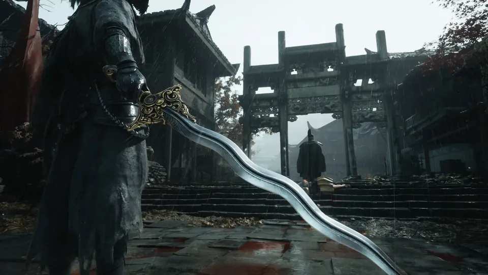 A warrior holds a long wavy blade in a ruined courtyard, facing a stone gate where a lone figure waits, in Phantom Blade Zero.