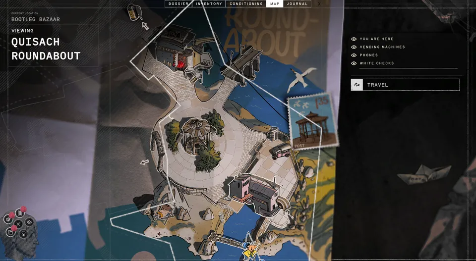 The Zero Parades map screen zooms in on the Quisach Roundabout, a paper-style map of a traffic circle by the sea