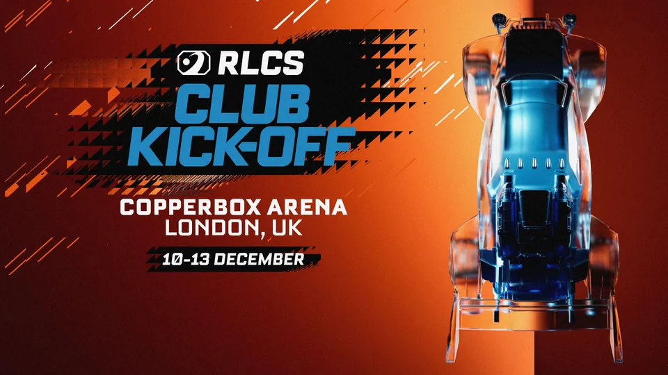 RLCS Club Kick-Off poster for Copper Box Arena in London with a blue Rocket League car on an orange background