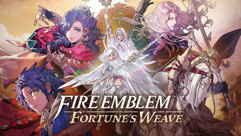 Fire Emblem: Fortune's Weave key art with the game's heroes and logo