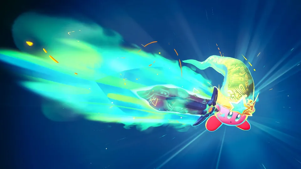 Kirby flies through a blue sky inside a streak of glowing green energy in Kirby and the World Beyond.