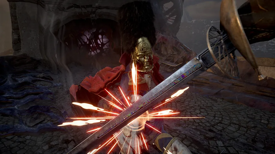 A first-person parry sends sparks flying off a sword against a red-cloaked enemy in Valor Mortis