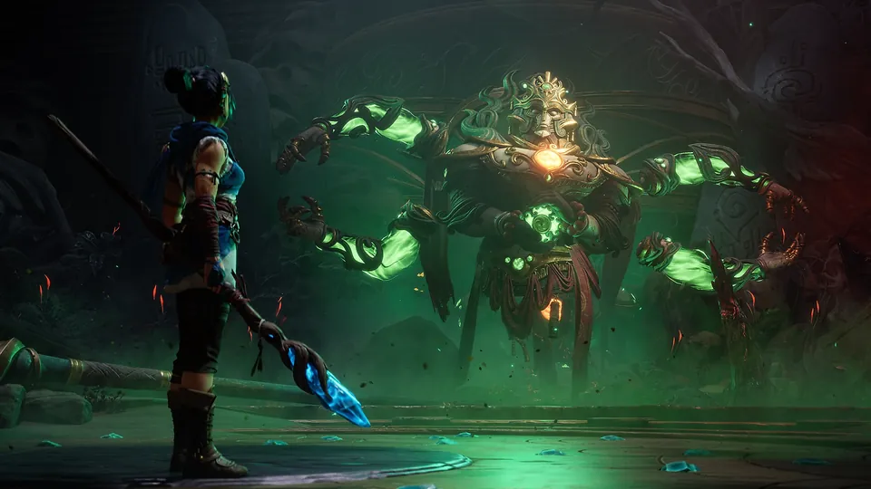 Kena stands with a spear before a giant spirit glowing green in Kena: Scars of Kosmora