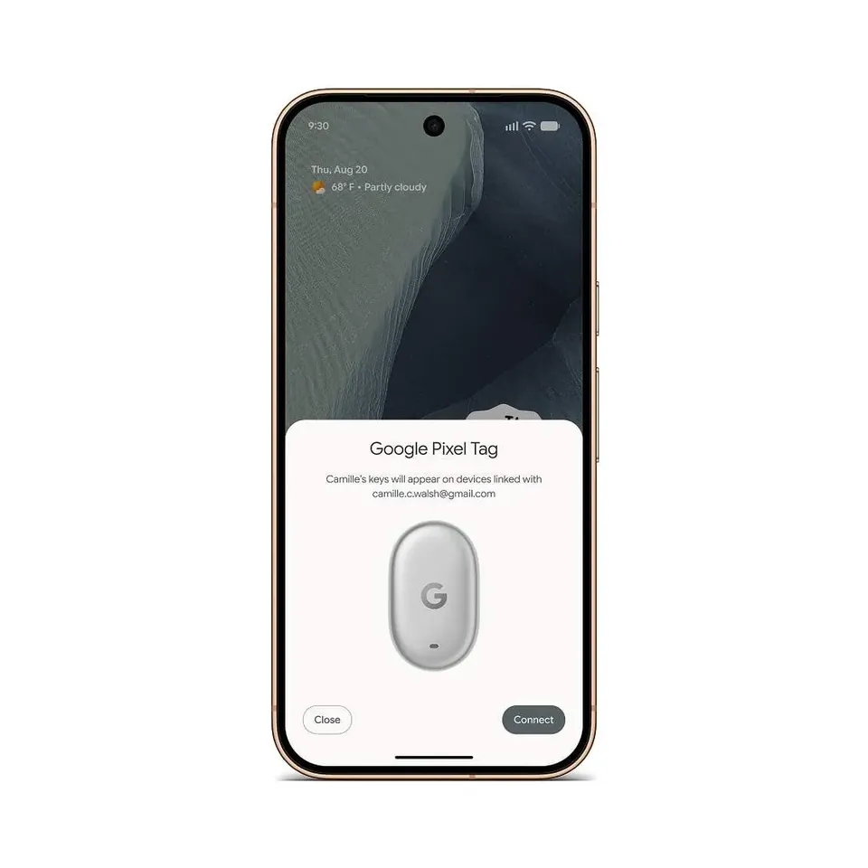 A Pixel phone shows a Fast Pair prompt to connect a Google Pixel Tag, with Close and Connect buttons