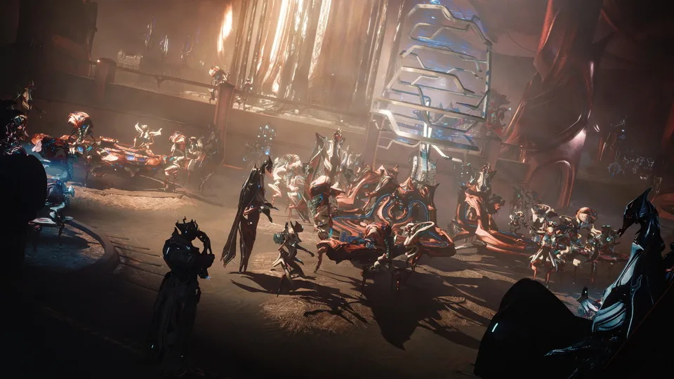 Warframe: Tau image: Warframes stand among Sentient figures in a crowded, smoky hall