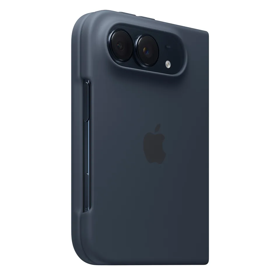 A closed iPhone Duo in the navy blue iPhone Duo Case, seen from the back with the cameras showing through a cutout