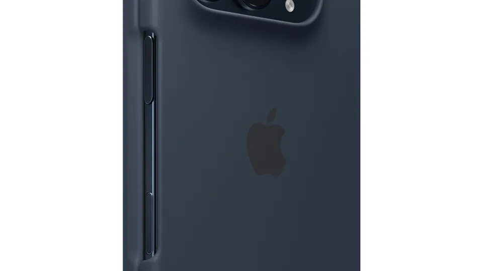A closed iPhone Duo in the navy blue iPhone Duo Case, seen from the back with the cameras showing through a cutout