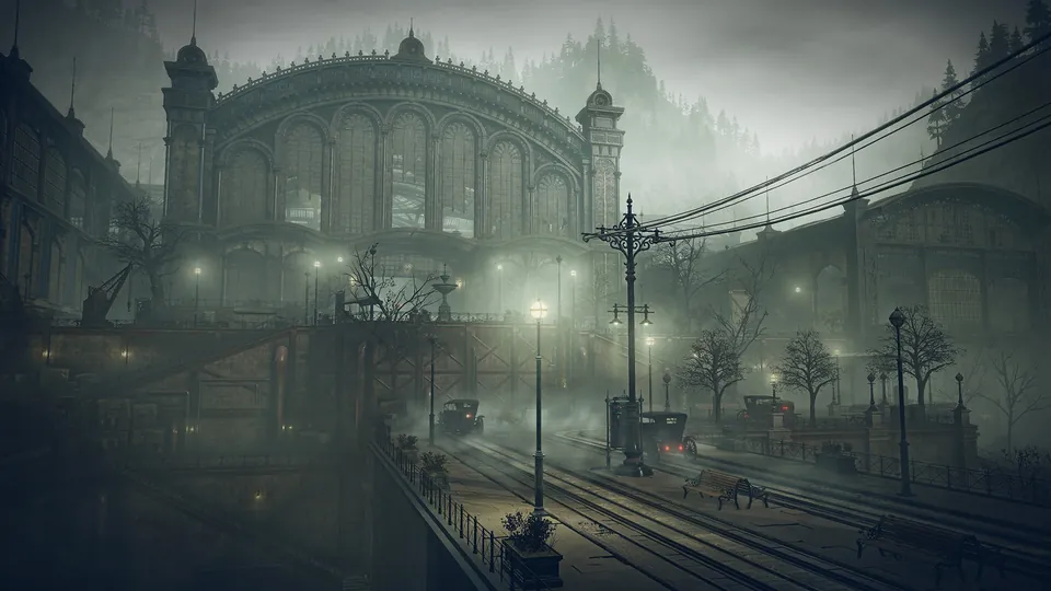 A misty railway station with a domed roof and old streetlights