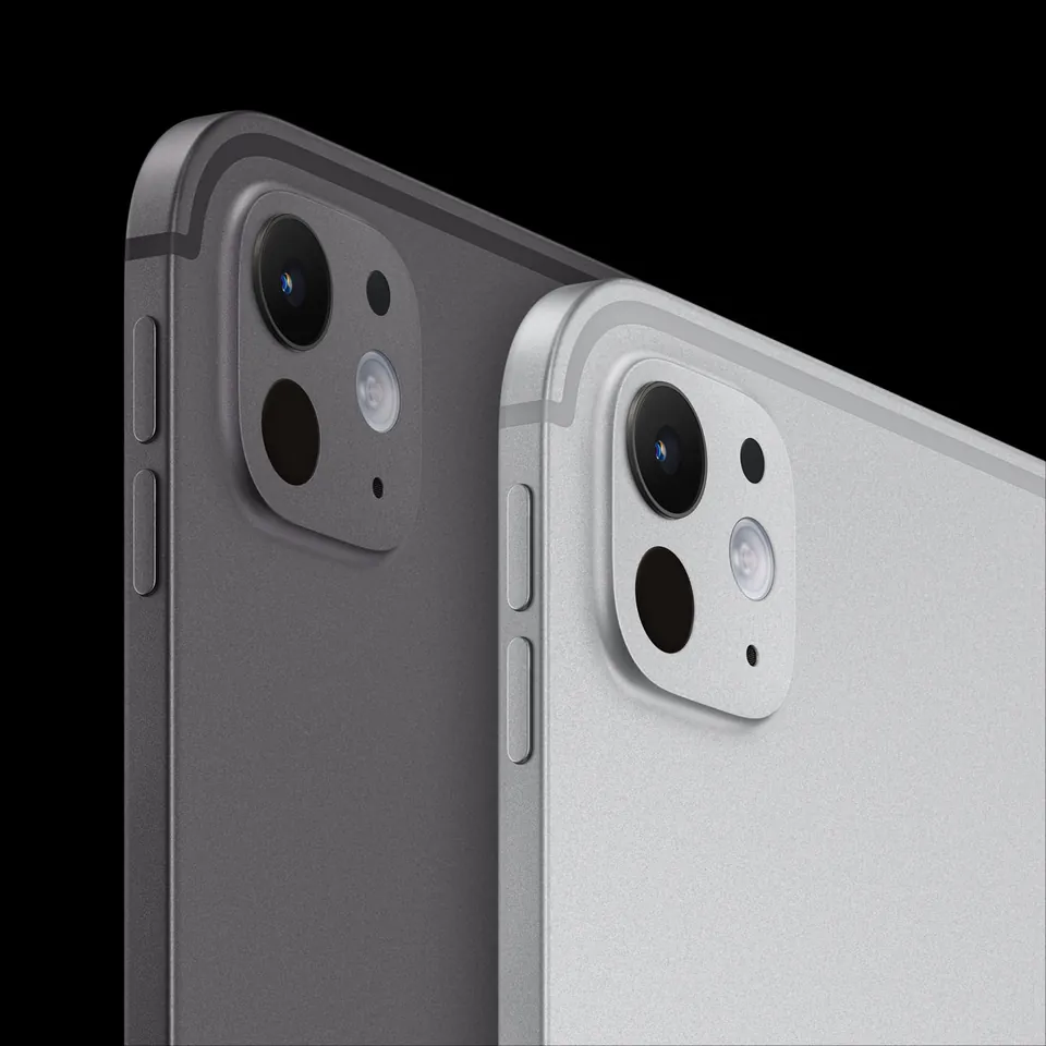 The back of two iPad Pro models with M5, one in space black and one in silver, showing the camera