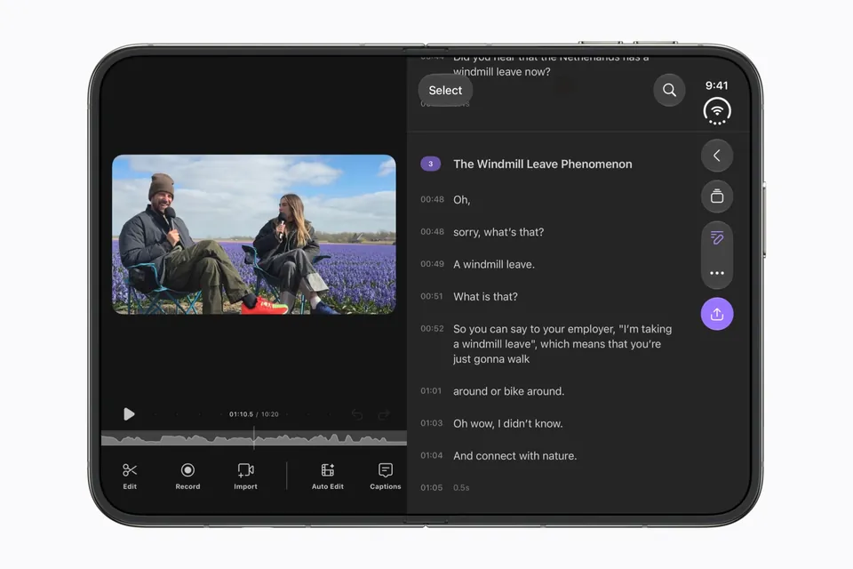 The iPhone Duo opened sideways, playing a video in an editing app with a transcript beside it
