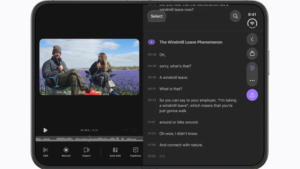 The iPhone Duo opened sideways, playing a video in an editing app with a transcript beside it