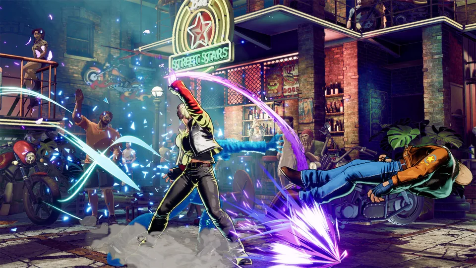 Terry Bogard takes a hit during a fight on the Street Stars bar stage in Fatal Fury: City of the Wolves