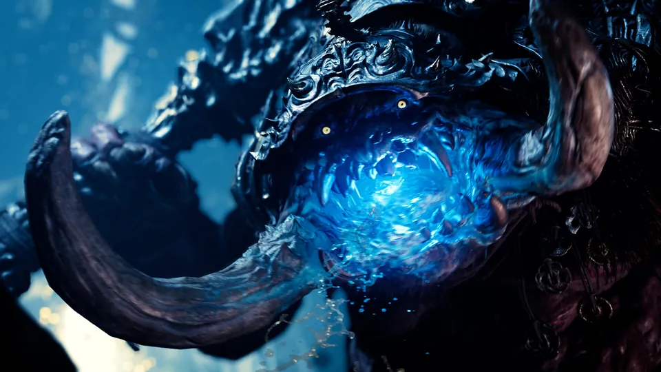 Onimusha: Way of the Sword demon with curved horns holding a glowing blue orb
