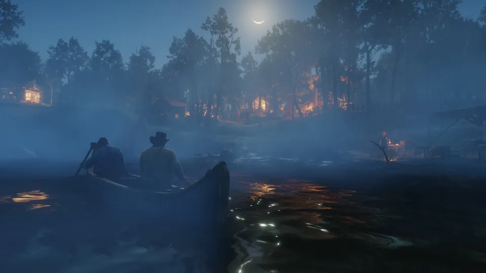 Two men paddle a canoe across a dark river toward a burning camp at night in Red Dead Redemption 2