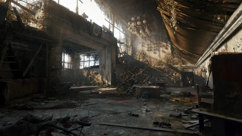 The wrecked interior of an abandoned building, overgrown and lit by daylight, in Metro 2039