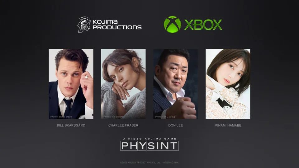 Portraits of Bill Skarsgård, Charlee Fraser, Don Lee and Minami Hamabe under the Kojima Productions and Xbox logos, above the Physint title