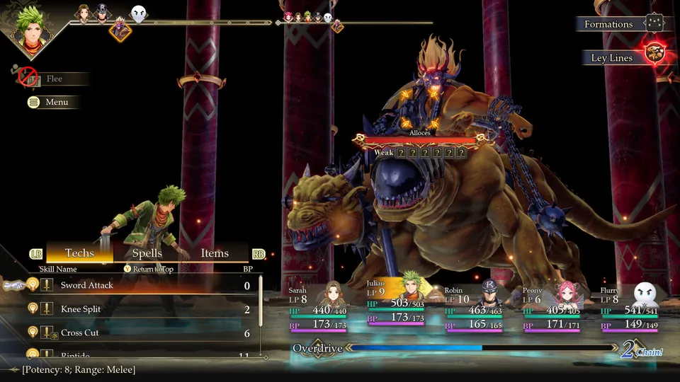The party faces a horned demon beast on a red-pillared stage in Romancing SaGa 3: Destinies United