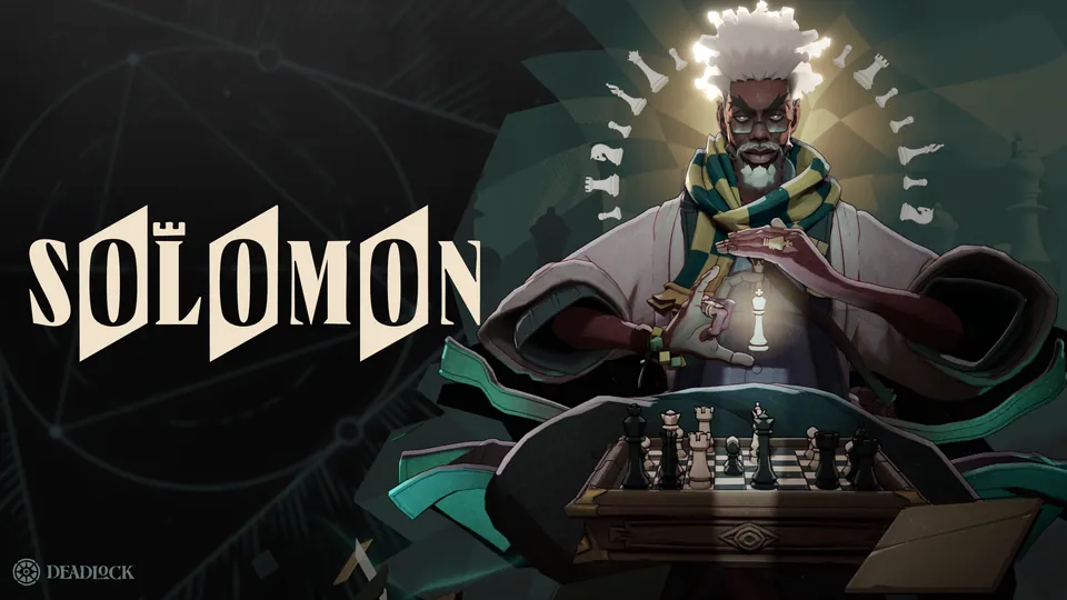 Deadlock hero Solomon with white hair and a striped scarf holding a glowing chess piece over a chessboard