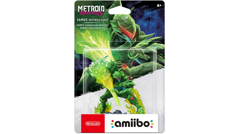 The Samus (Metroid Suit) amiibo in its Metroid Ravenous package, showing Samus in a green, organic-looking suit
