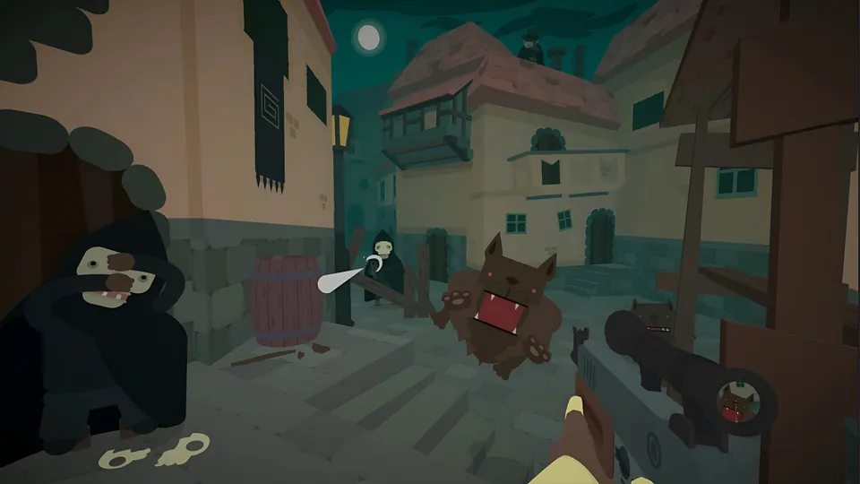 A player with a scoped rifle faces a snarling beast and hooded figures in a moonlit town square in Sulfur