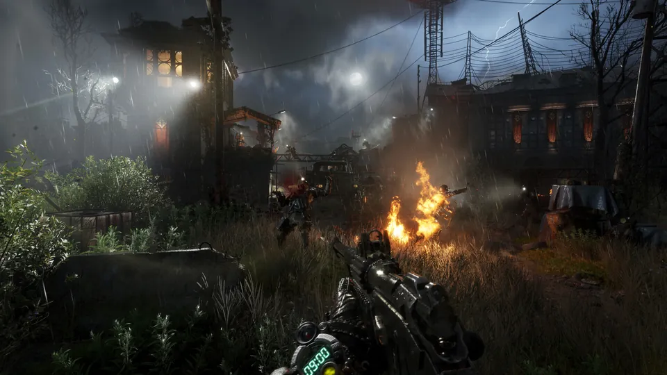Fire and gunfire at night near a guarded compound in Metro 2039