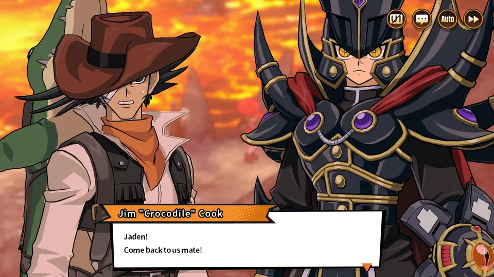 Jim Crocodile Cook calls out to an armored Jaden in a story scene from Yu-Gi-Oh! Tag Force GX