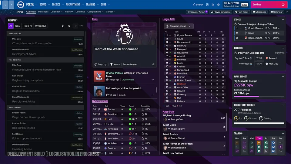 The FM27 portal screen with messages, news, a league table and training schedule