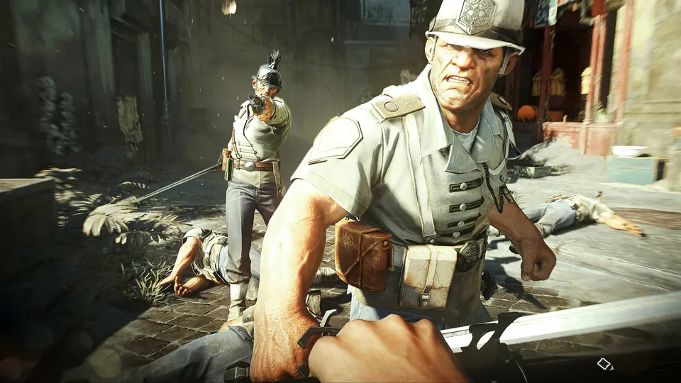 A city guard in a pale uniform lunges forward in a first-person sword fight in Dishonored 2